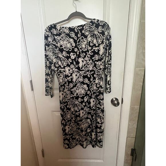 Ralph Lauren Stretchy Black White Floral Midi Dress 12 Romantic Wedding guest - Picture 2 of 10